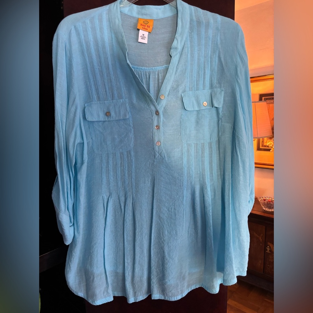 Ruby Rd. Sheer Light Blue Button-Up Blouse With 3/4 Length Sleeves Size 1X